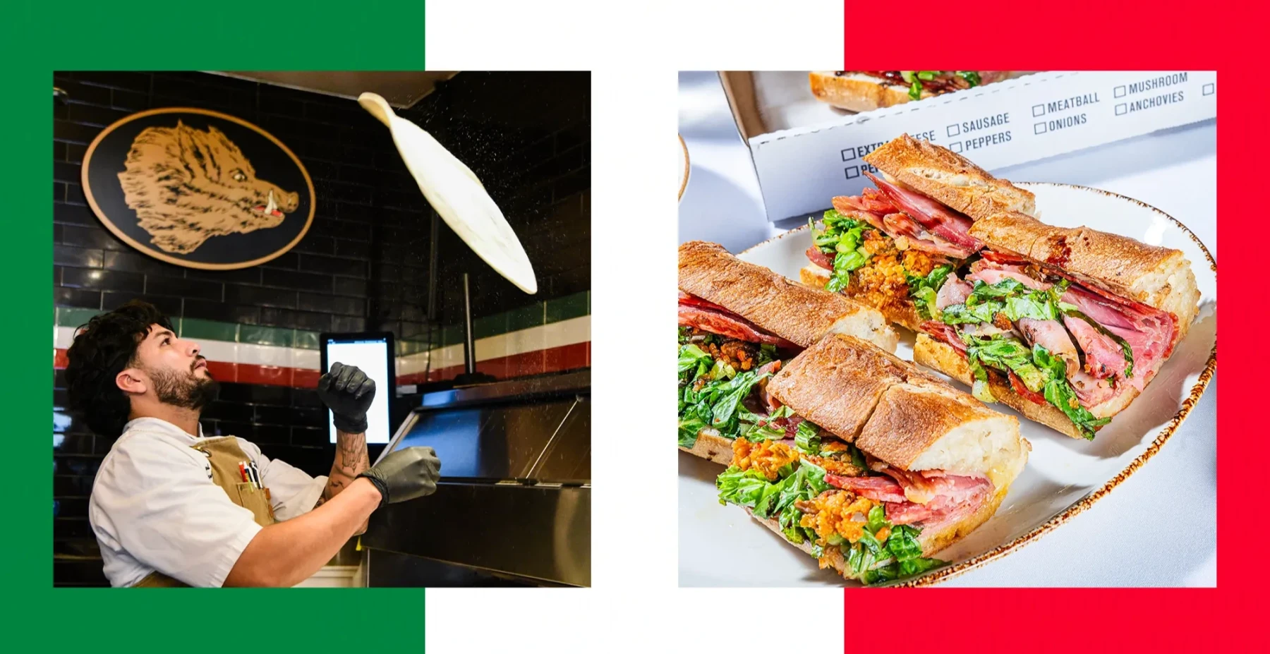 Chef tossing a pizza into the air beside a beautiful deli sandwich